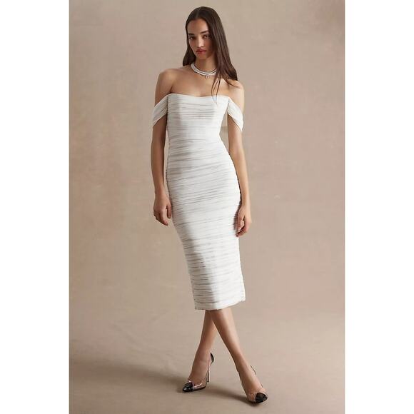 By Watters Joanne Ivory Ruched Slim Off-The-Shoulder Midi Dress Size 10 - Picture 2 of 14